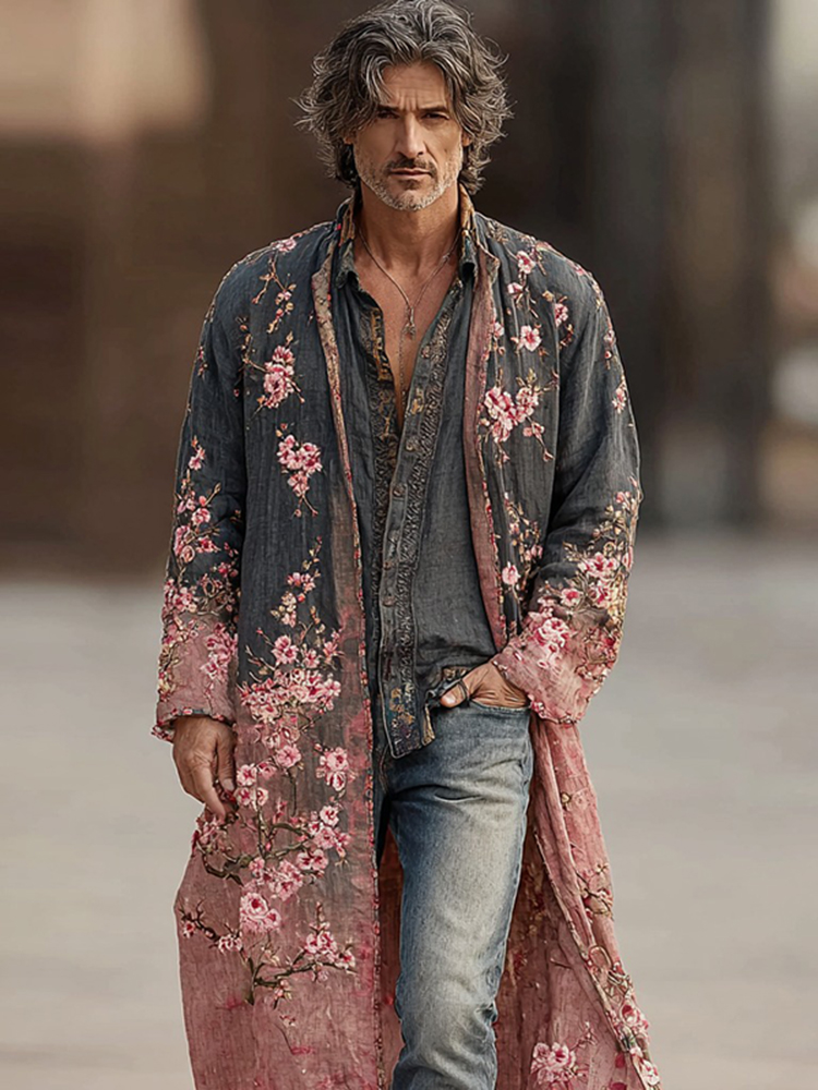 Men's Japanese Cherry Blossom Pattern Linen Blend Long Kimono