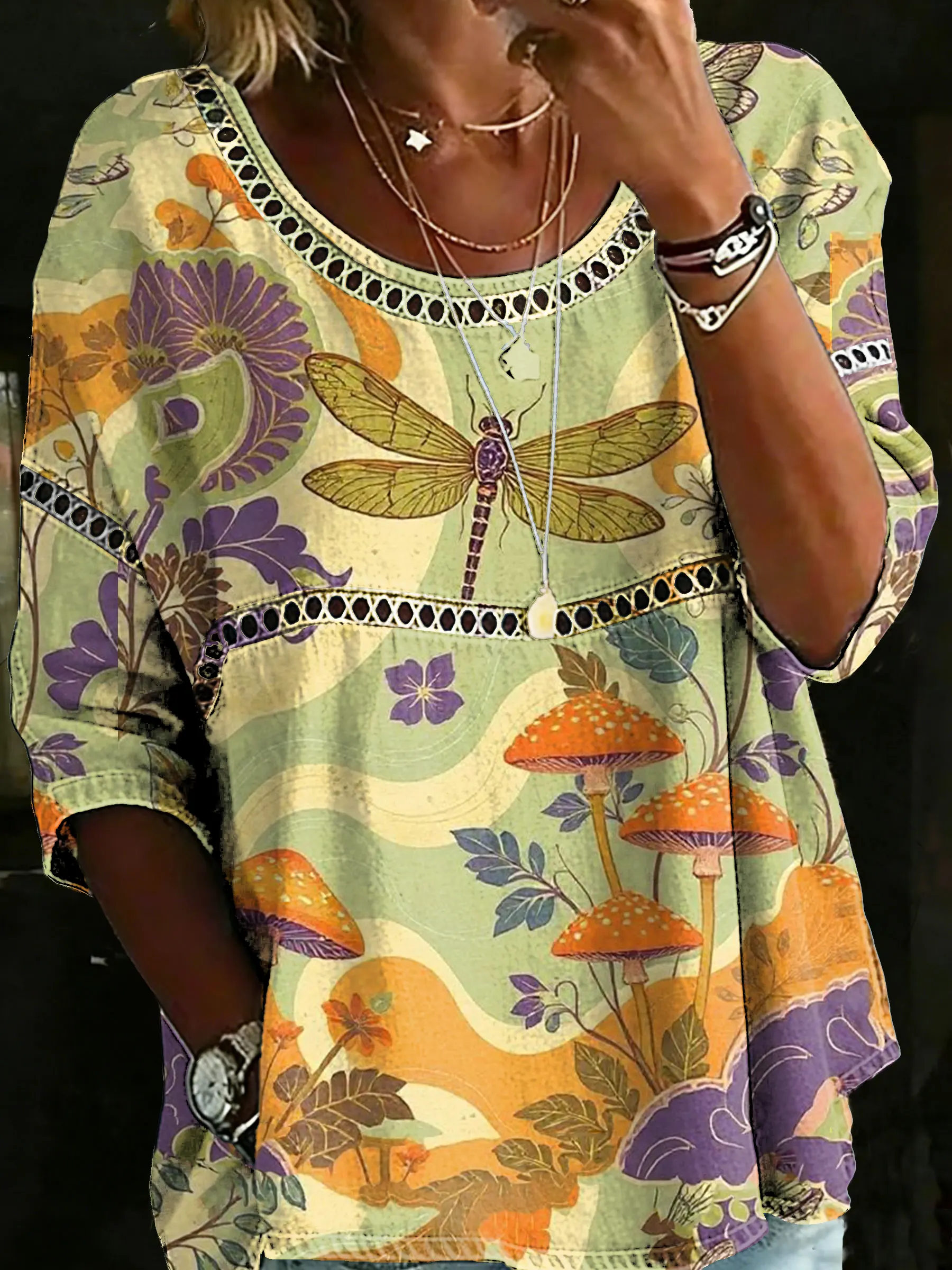 Women's Vintage Dragonfly Casual Loose Denim Blouse Shirt