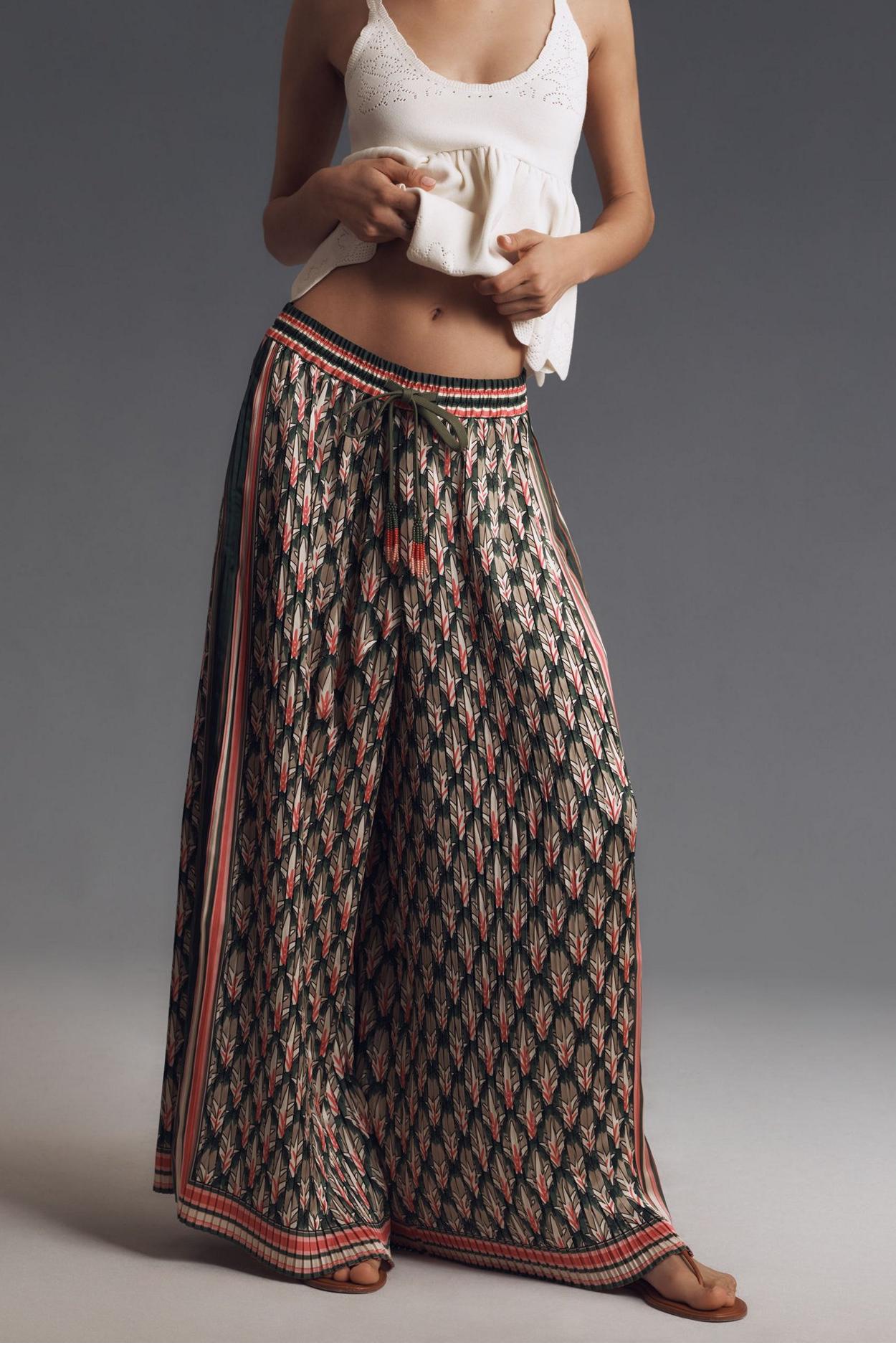 Tropical Pleated Wide-Leg Pants