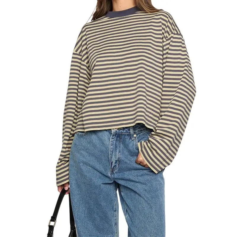 Women Long Sleeve Crew Neck Loose Striped T Shirt