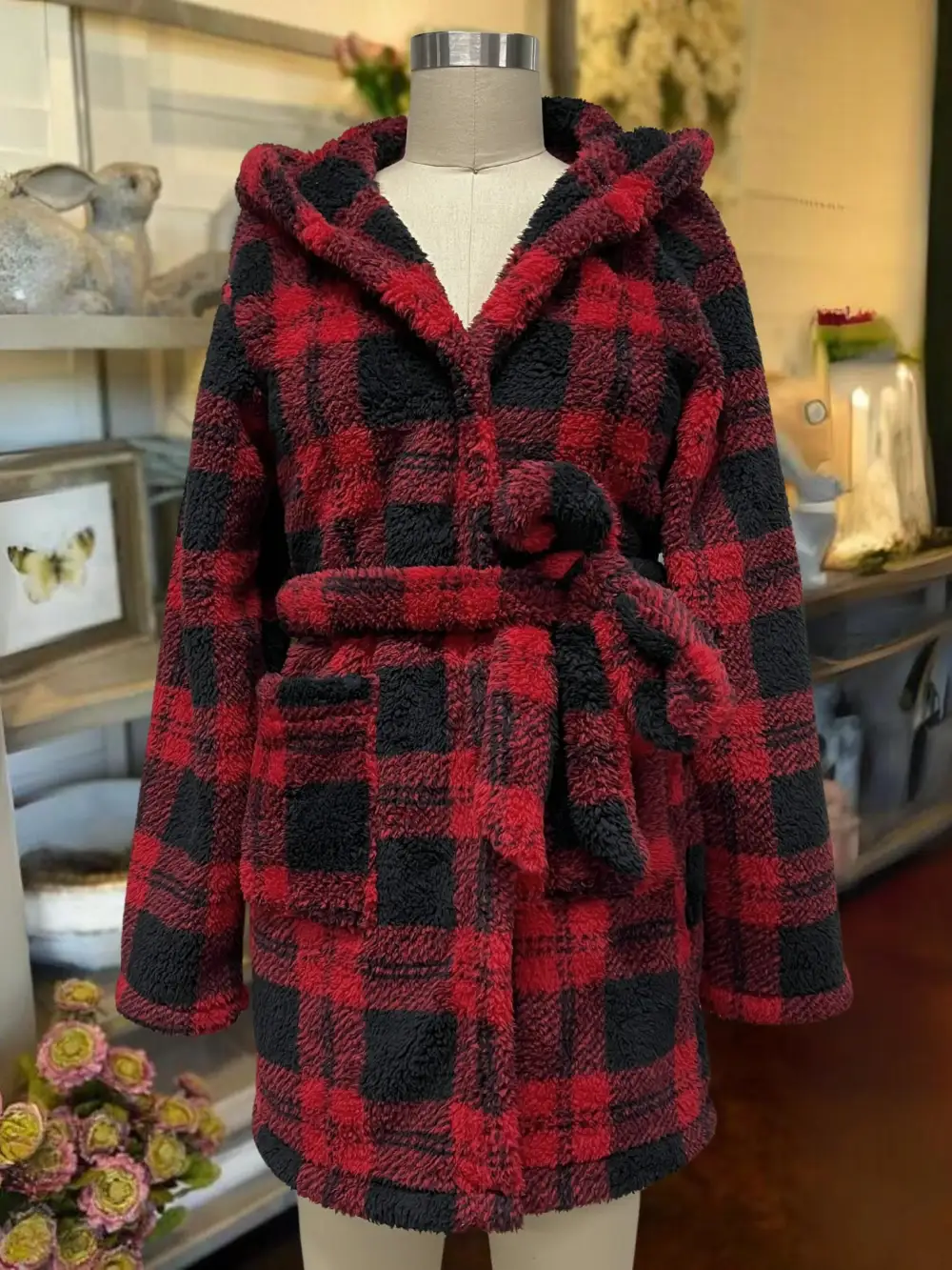 Plush Hooded Robe Plaid