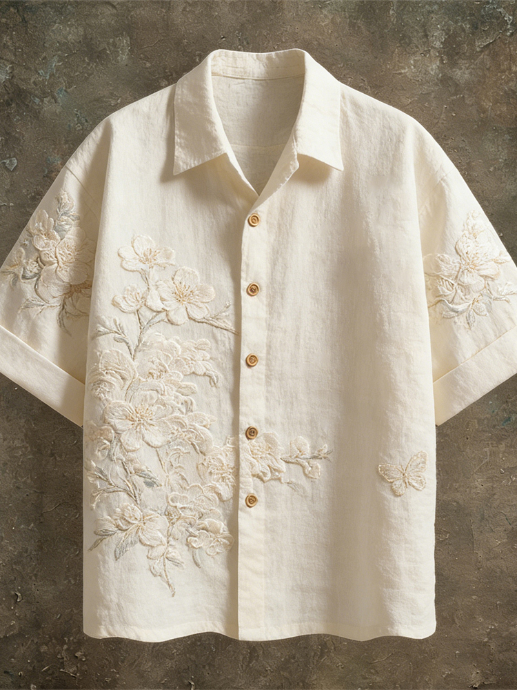 Vintage Lace Floral Pattern Linen Short Sleeve Shirt
