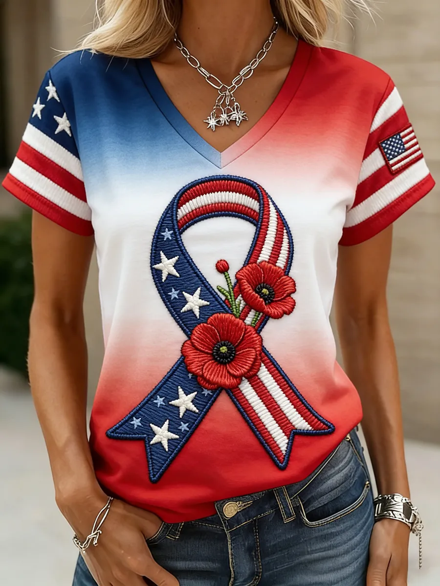 Women's American Flag Ribbon & Poppy Embroidered Gradient V-Neck T-Shirt