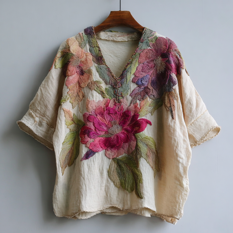 Bohemian-style Pink Floral Embroidery V-neck Short-sleeved Shirt With Sequins