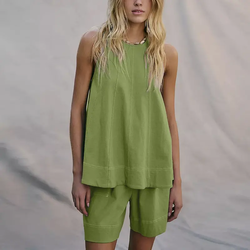 SCUSTY Women's 2-Piece Sleeveless Outfits SetA-Line Tank Tops Paired with High-Waist Shortswith Pockets