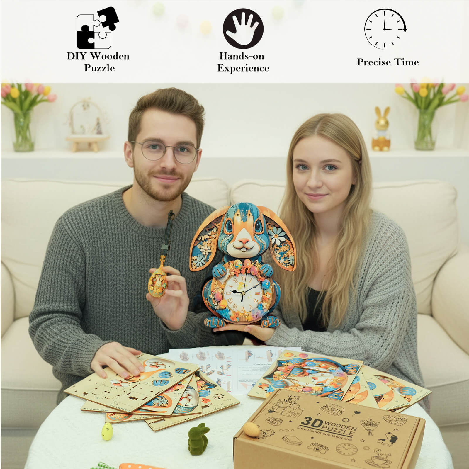 Rabbit– DIY Wooden Clock, 3D Puzzle Craft Kit