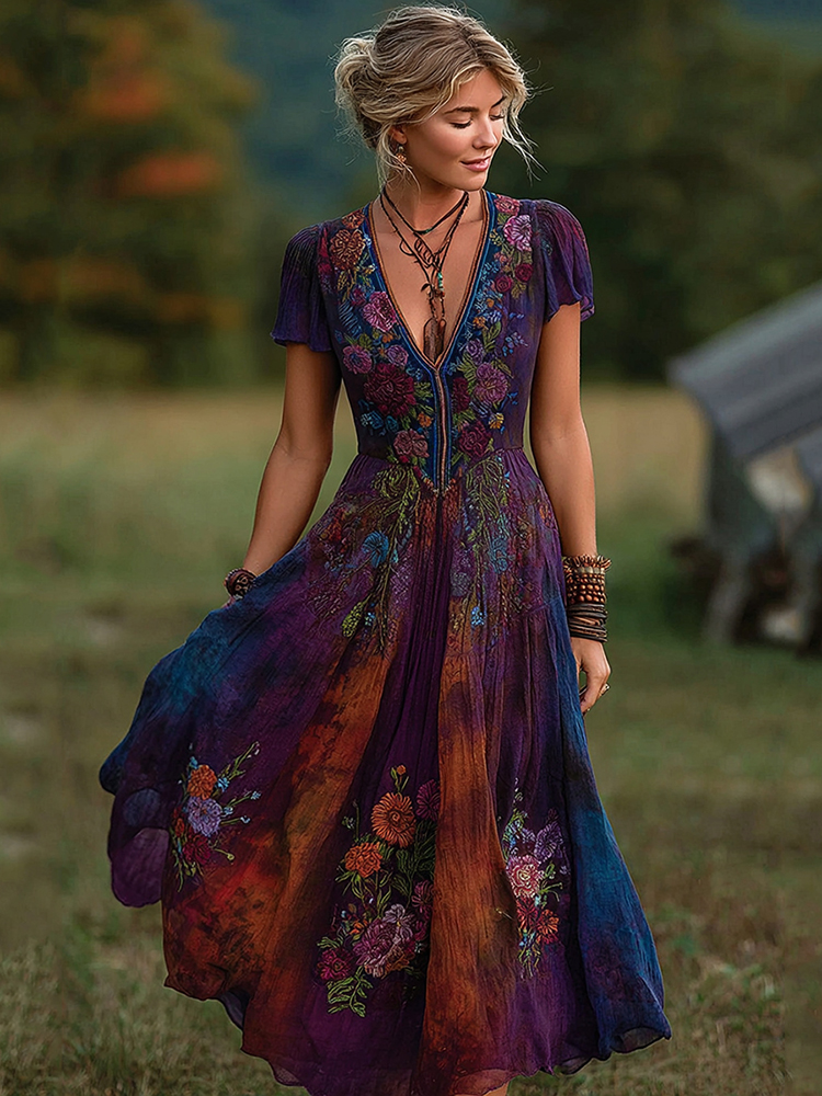 Vintage Lavender And Floral Embroidered Art Linen V Neck Maxi Dress