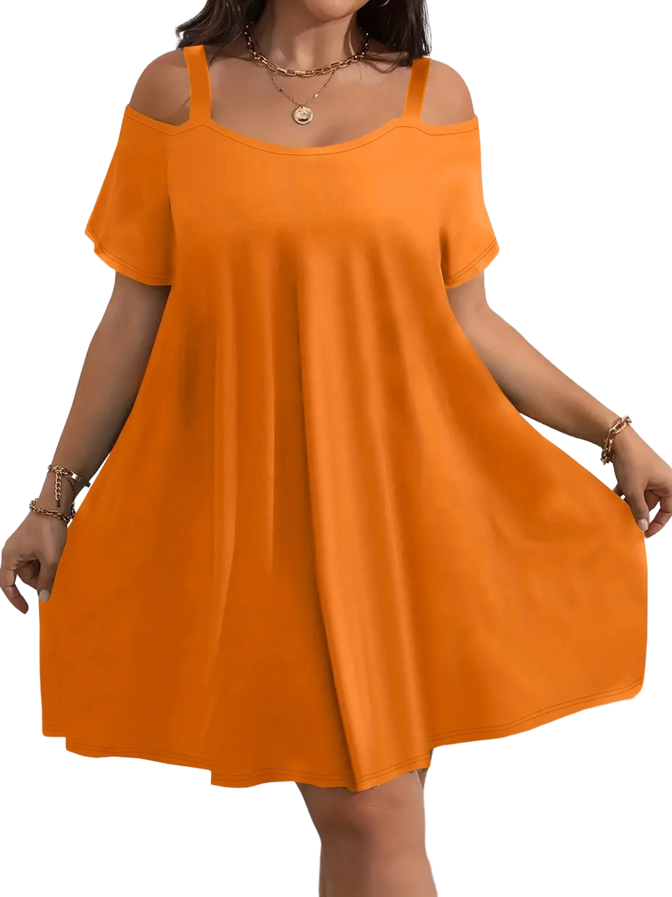 Plus Size Women's Round Neck Short Sleeve Shoulder Cut Out Fitted Casual Midi Dress