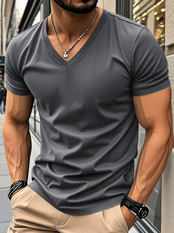 Men's Solid V-Neck Short Sleeve T-Shirt, Soft Breathable Heart-Neck Top, Classic Basic Versatile Tee – Suitable for Daily Wear, Layering & Outdoor Sports, Casual Fashion Must-Have for Men