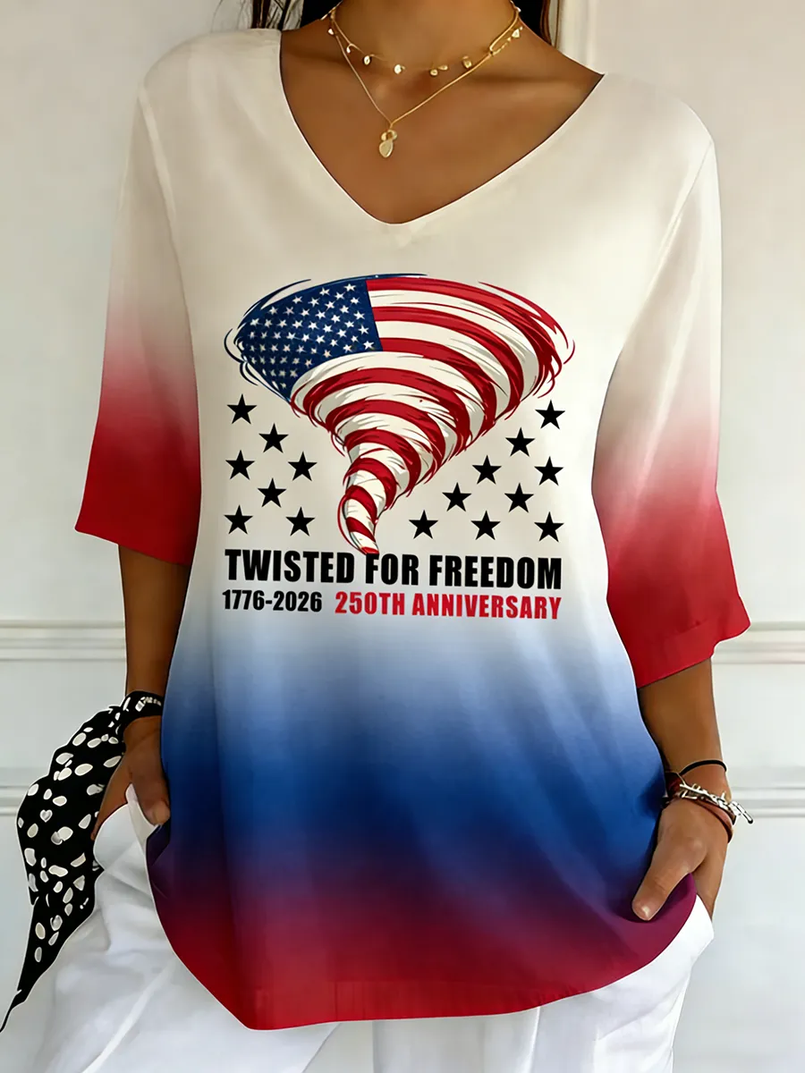 Patriotic 1776-2026 Red White Blue Gradient V-Neck Half Sleeve Top