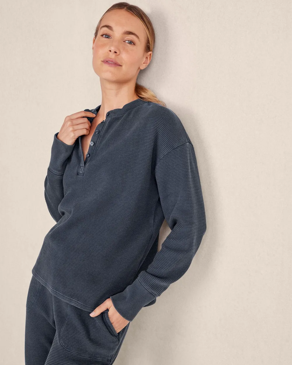 Organic Cotton Garment-Dyed Waffle Knit Henley