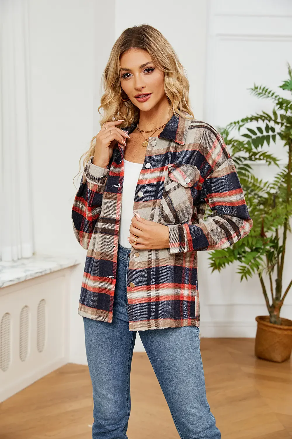 Plaid Pocketed Button Down Shacket Multiple Colors