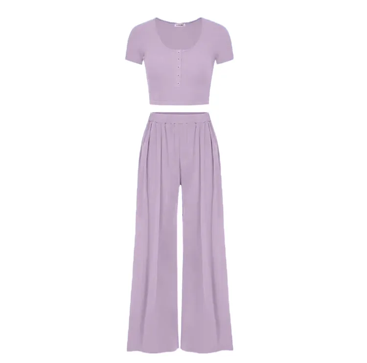 Women's Casual Co-ord Set – Slim Top & Wide Leg Pants