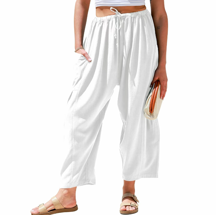 Women's Linen Casual Loose Fit Beach Palazzo Harem Trousers with Pockets