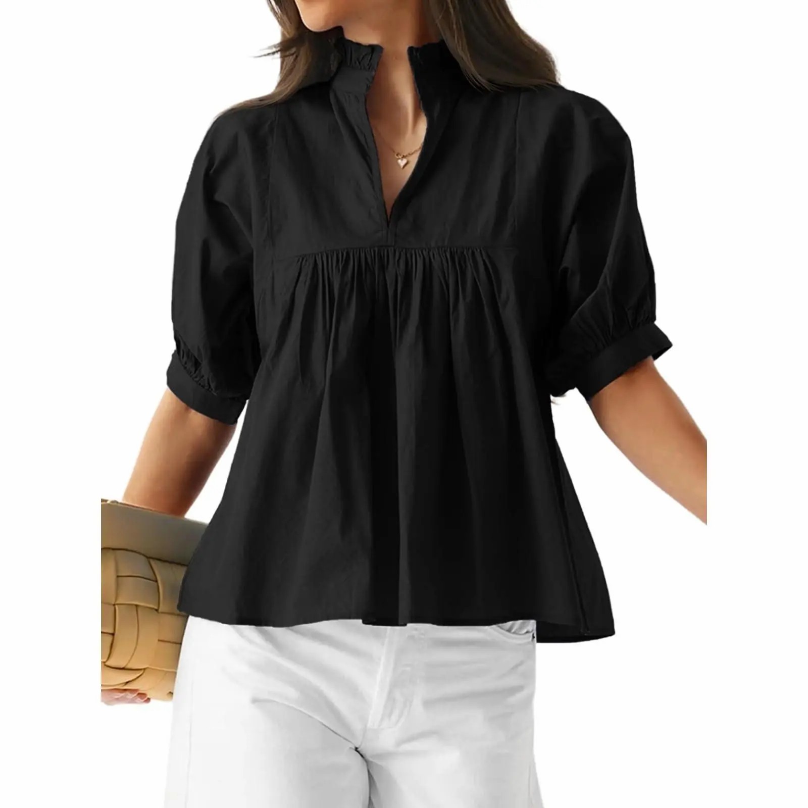 Womens V Neck Puff Sleeve Blouse Babydoll Peplum Tops Dressy Casual Pleated Loose Fit Shirts