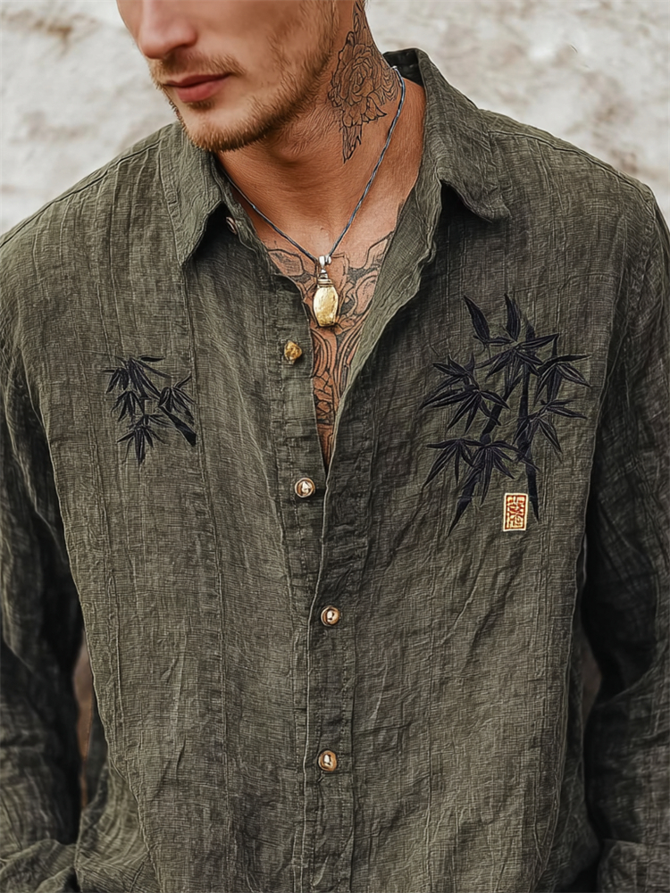 Men's Japanese Bamboo Embroidered Washed Linen Shirt