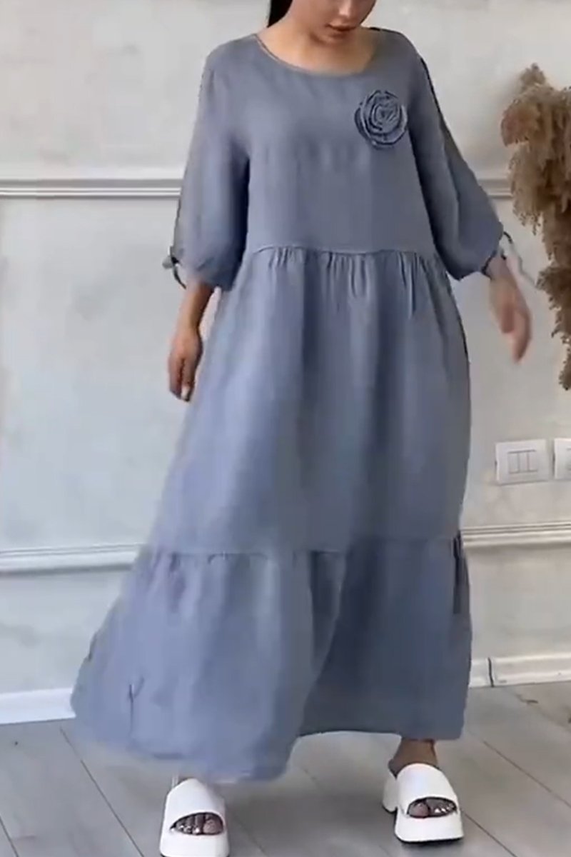 Women's Casual Cotton and Linen Gathered Floral Dress