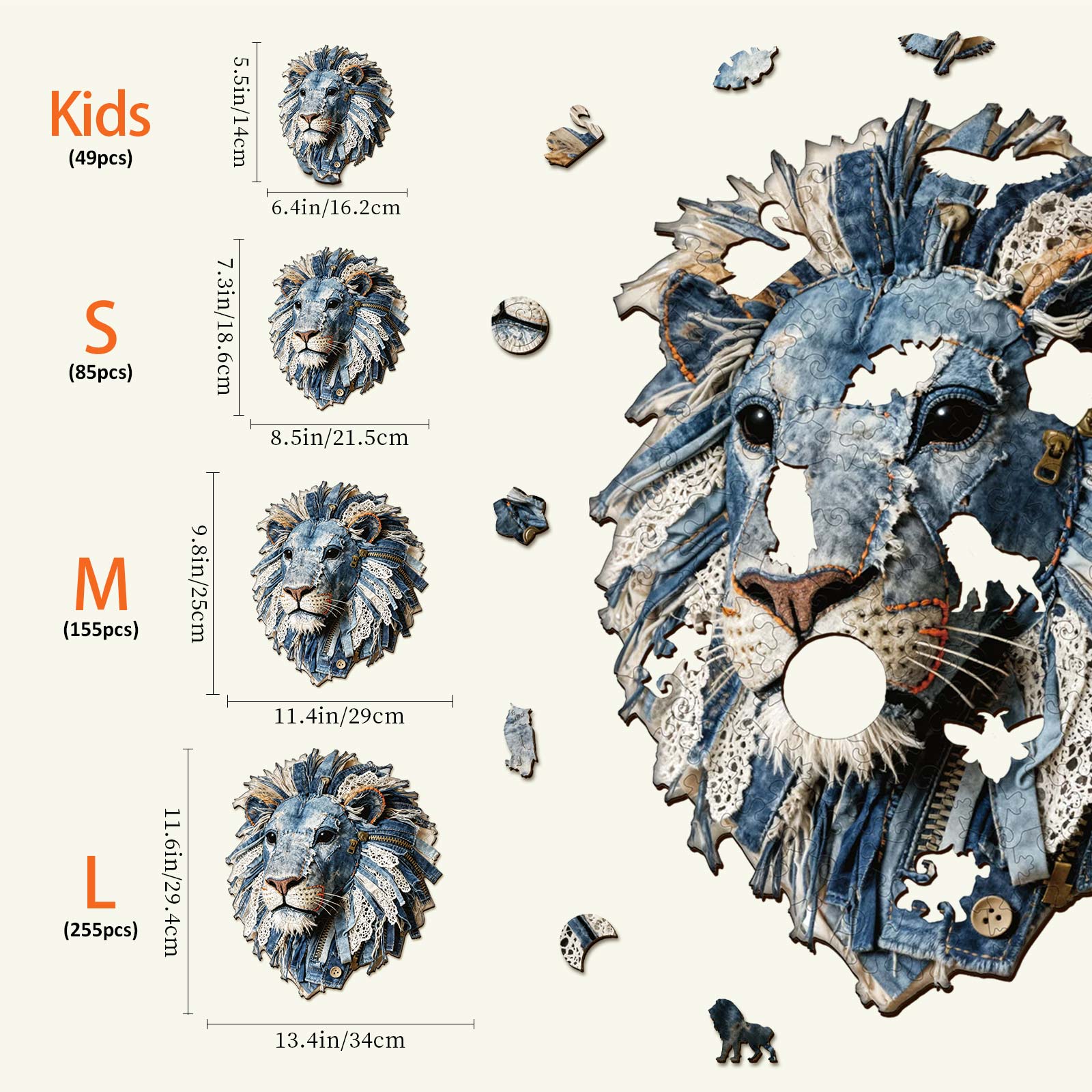 Denim Fabric Lion Wooden Jigsaw Puzzle