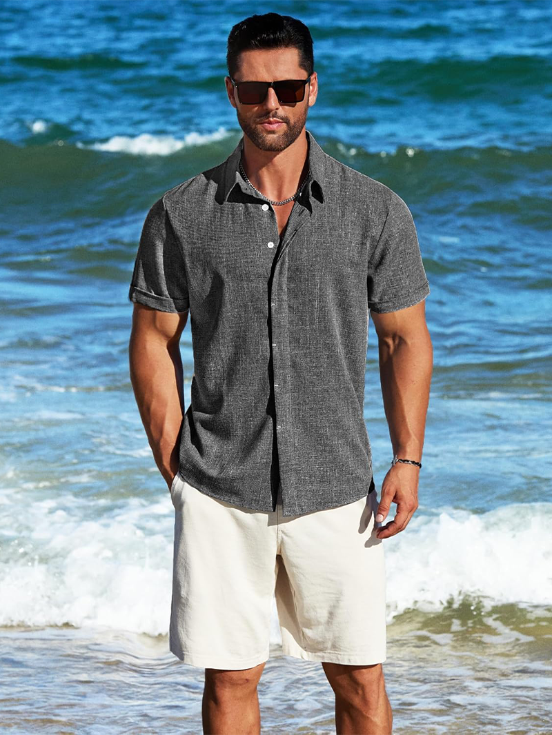 Men's Linen Shirt Short Sleeve Button Casual Shirt Business Formal Beach Fashion Summer Tops