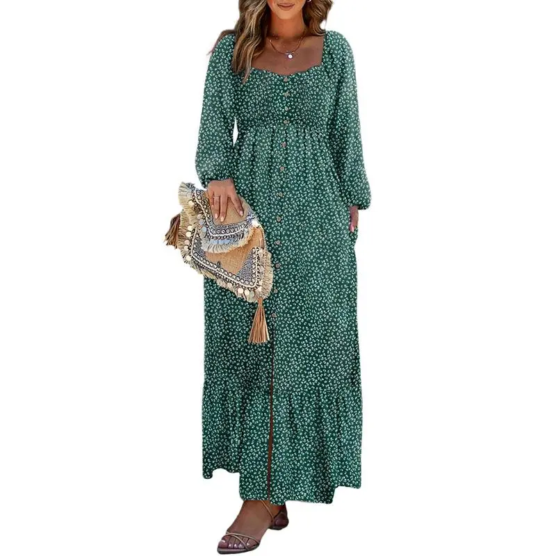 Women’s Long Sleeve Boho Dress – Square Neck & Button Detail