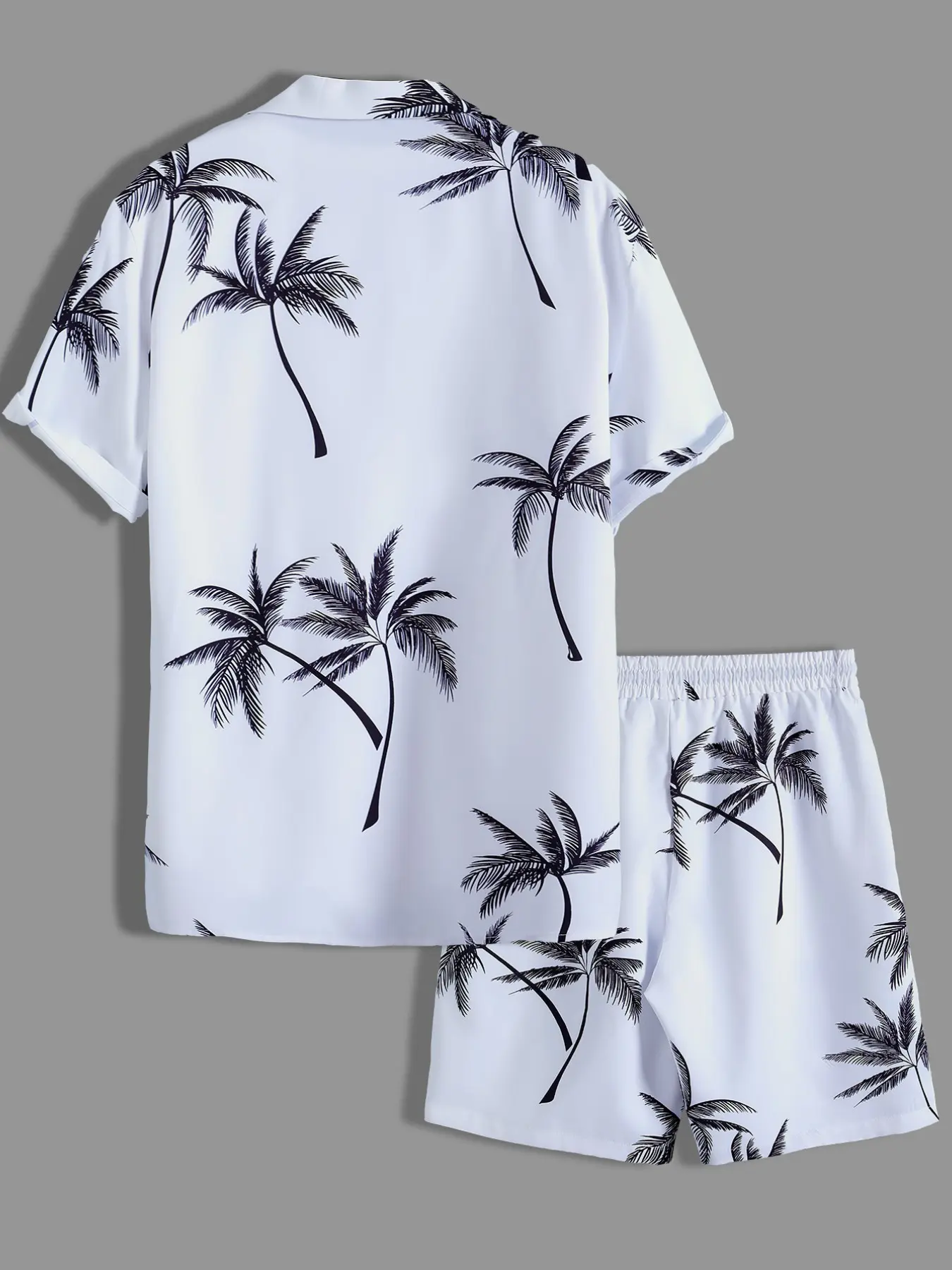 Tropical Palm Tree Print Loungewear Set, Shorts Pyjama Set - Short-Sleeve Button-Up Shirt (Rolled Cuffs) + Drawstring Shorts