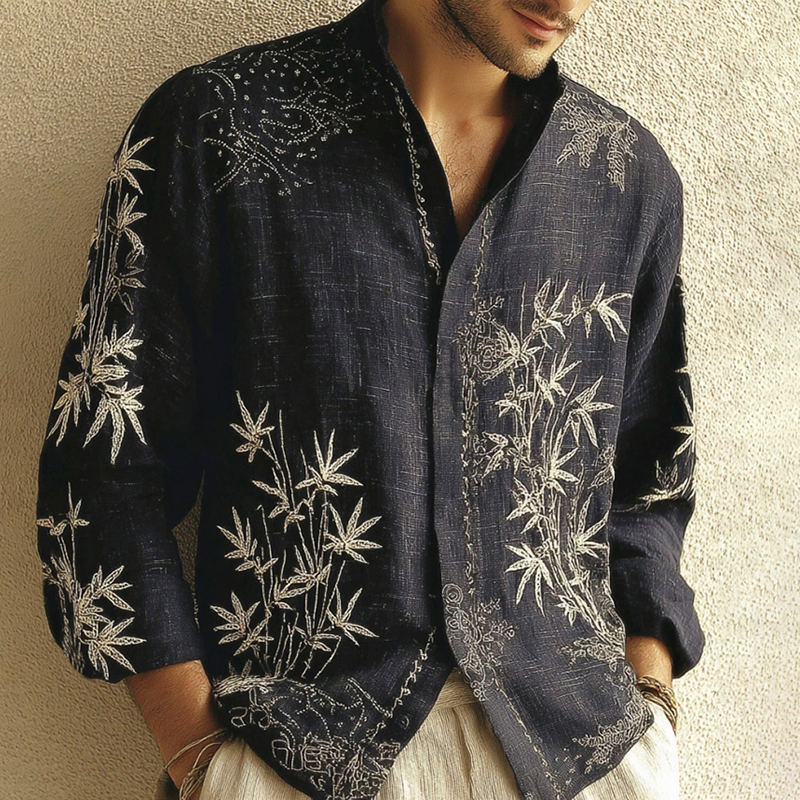Men's Japanese-style Bamboo And Geometric Pattern Art Casual Shirt
