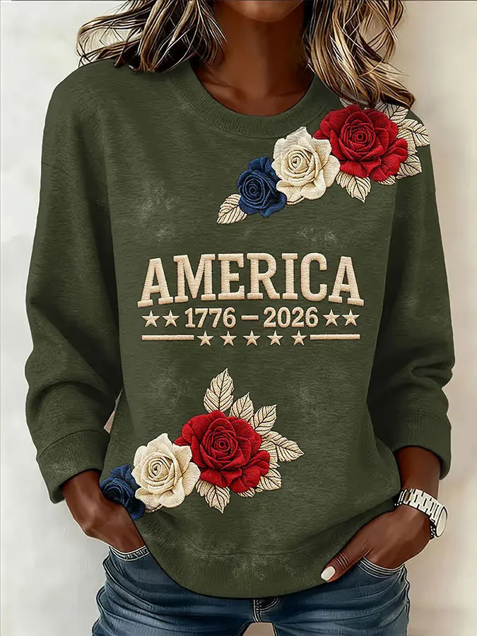 Women'S Retro American Independence Day 250Th Anniversary Printed Round Neck Sweatshirt