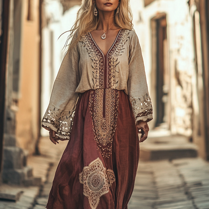 Ethnic Embroidery Vintage Casual Linen Dress 30a7