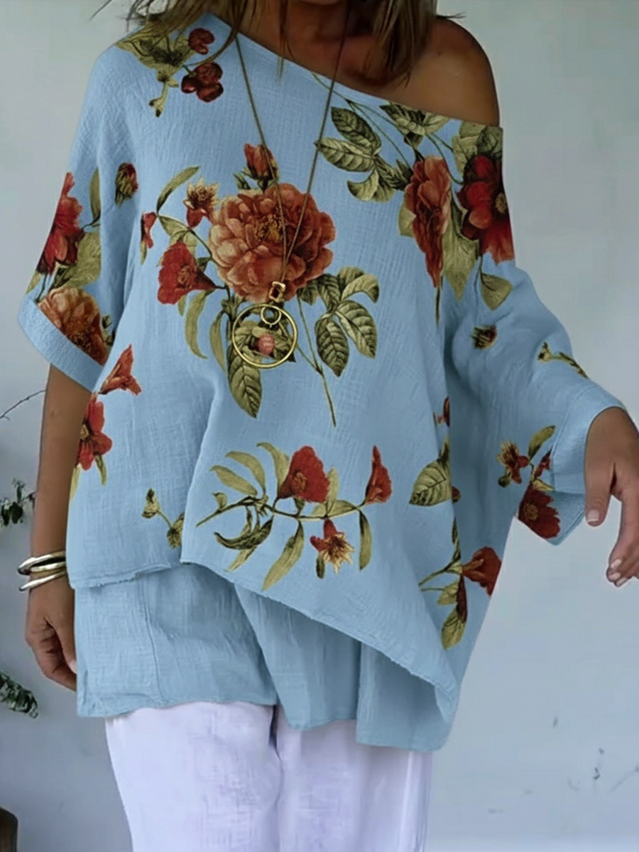 Loose And Cozy Floral Print Linen And Cotton Top