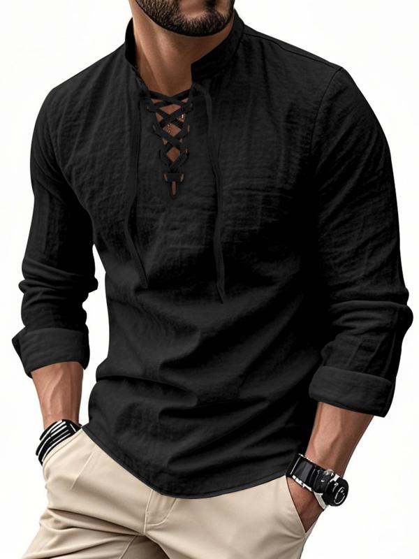Men's Lightweight Breathable Linen Shirt, Drawstring Collar, Unique Design, Casual Plain Long Sleeve Polo, Perfect for Daily Commute Spring Fall Men's Clothing