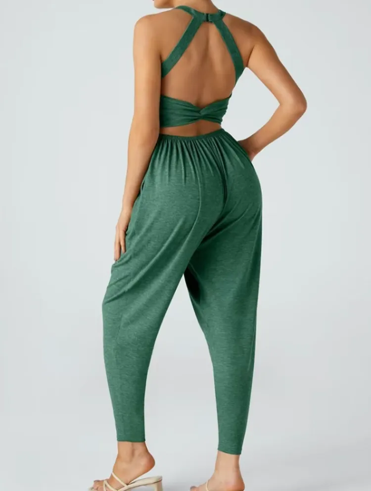 Women's Backless Twisted U-Neck Harem Jumpsuit with Pockets
