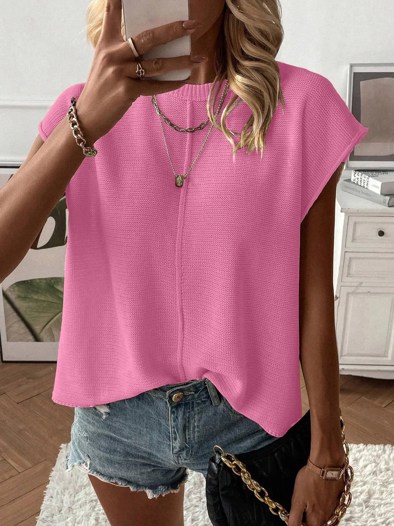 Women's Solid Color Round Neck Sweater Vest - Casual Lightweight Knit Top for Summer Daily Wear