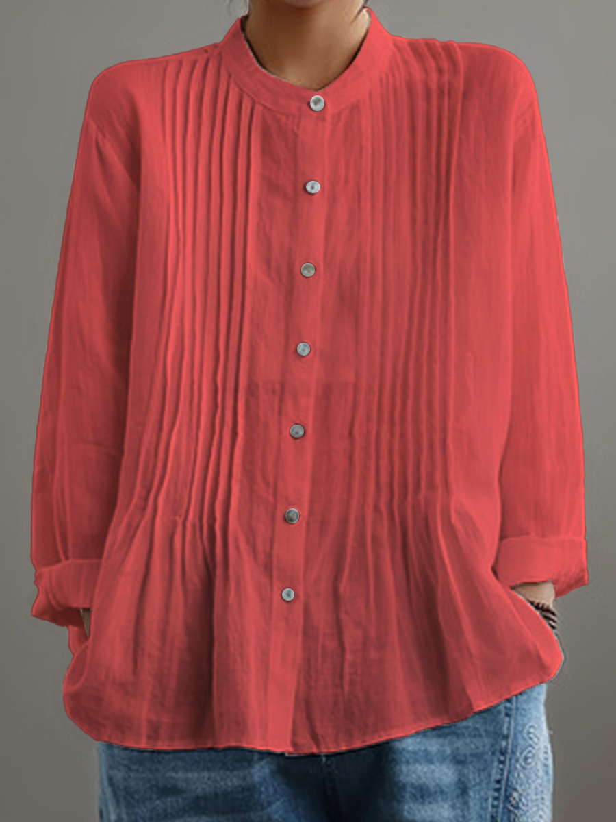 Women's Casual Cotton And Linen Pleated Shirt