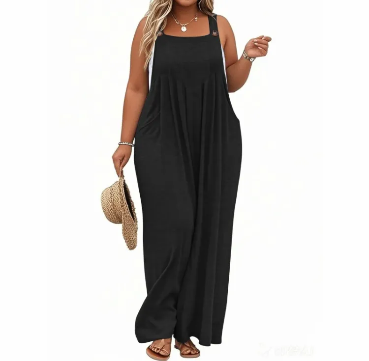 2025 Plus Size Wide Leg Jumpsuit – Loose Summer Romper with Pockets