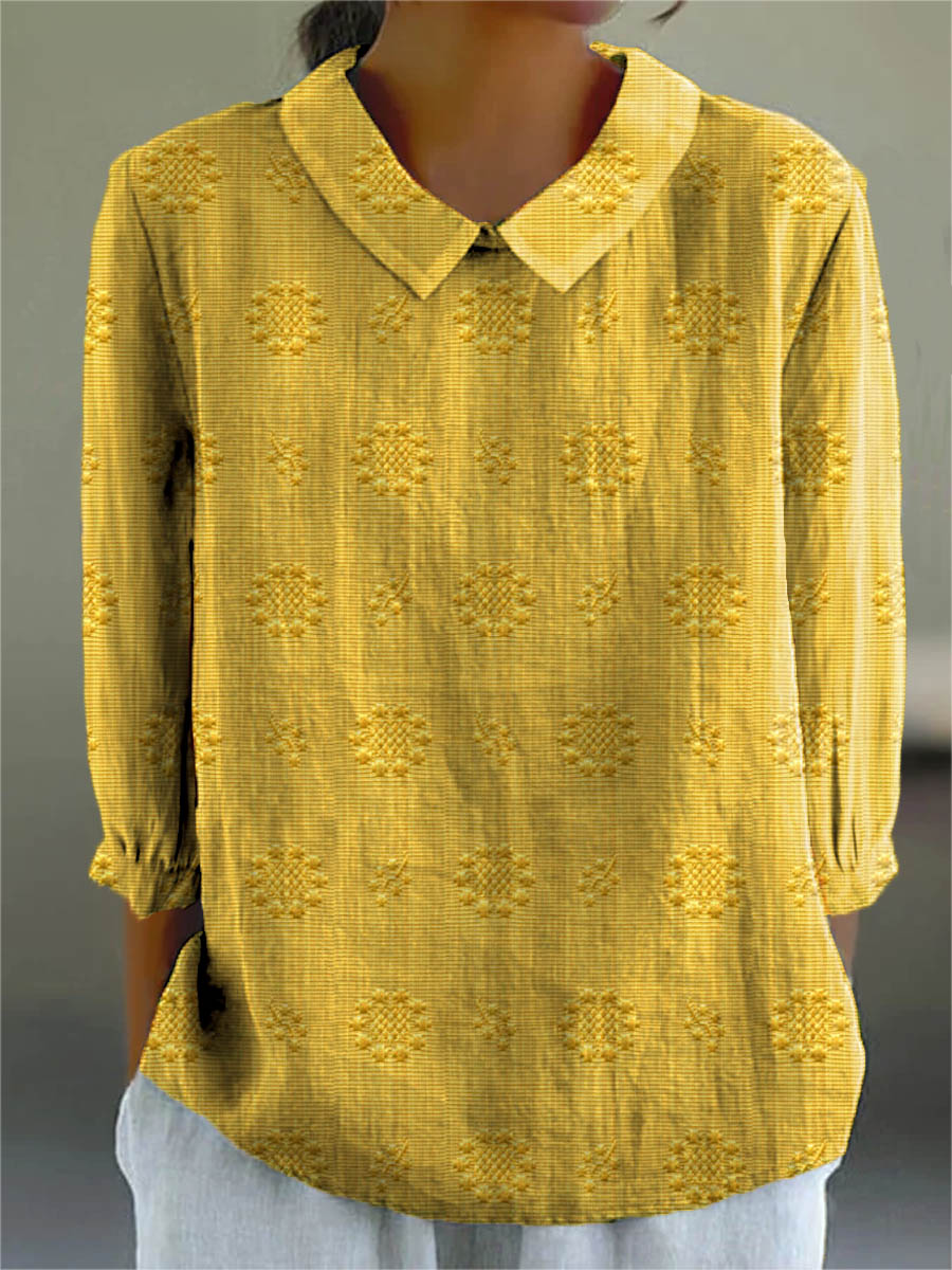 Women's Vintage Floral Art Print Casual Cotton And Linen 3/4 Sleeve Shirt