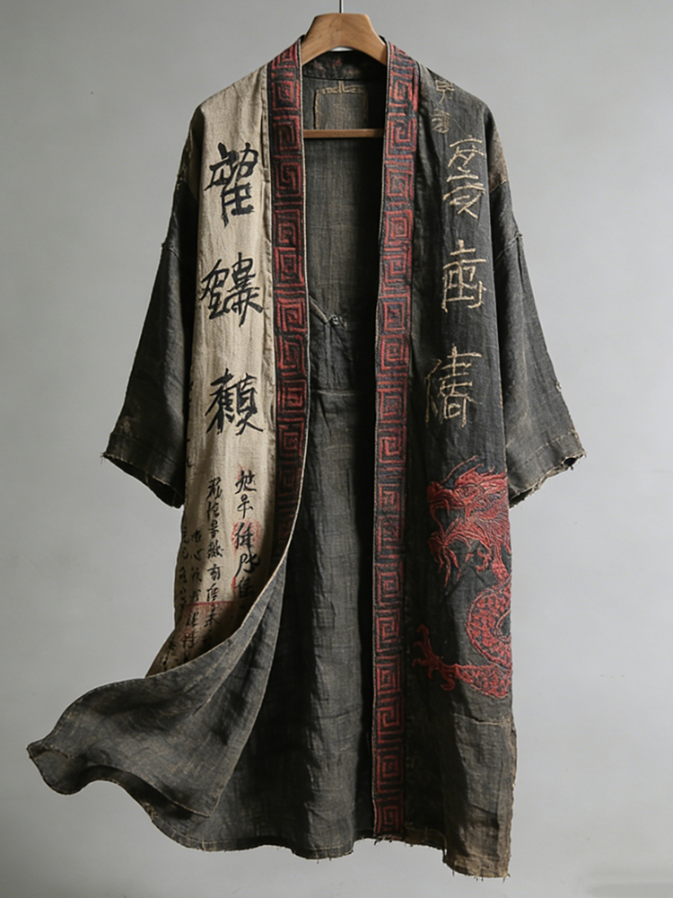 Men's Japanese Dragon Pattern Calligraphy And Painting Art Linen Long Kimono