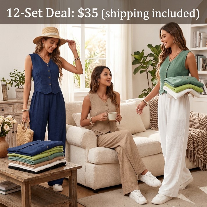 Women's 2 Piece Vest and Pants Set, Casual Button Down Waistcoat and Wide Leg Pants Matching Outfit