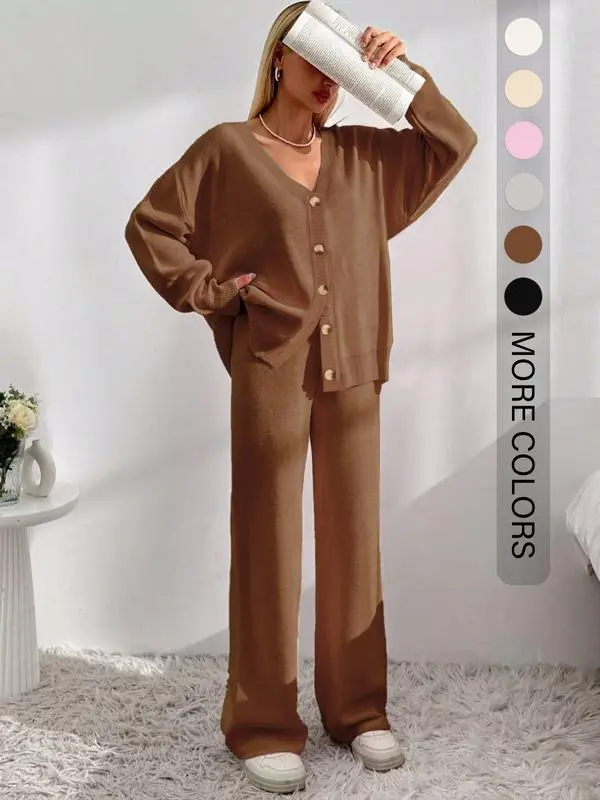 Women’s Button Front Knit Cardigan & Wide Leg Pants Two-Piece Set