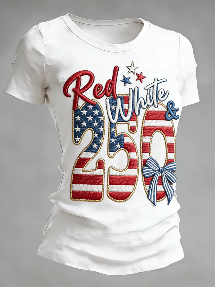 Red and White 250 Patriotic Embroidery Anniversary Commemorative T-shirt
