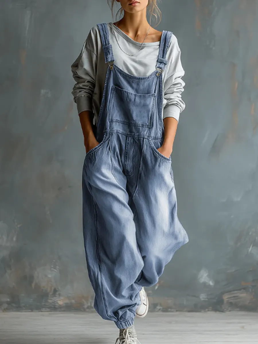 Women's Solid Color Art Casual Denim Jumpsuit