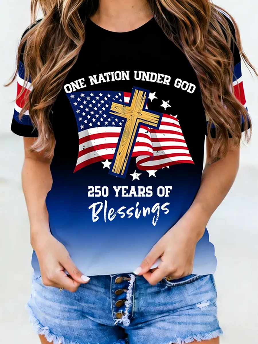 Patriotic Christian Cross American Flag 250th Anniversary Gradient Tee