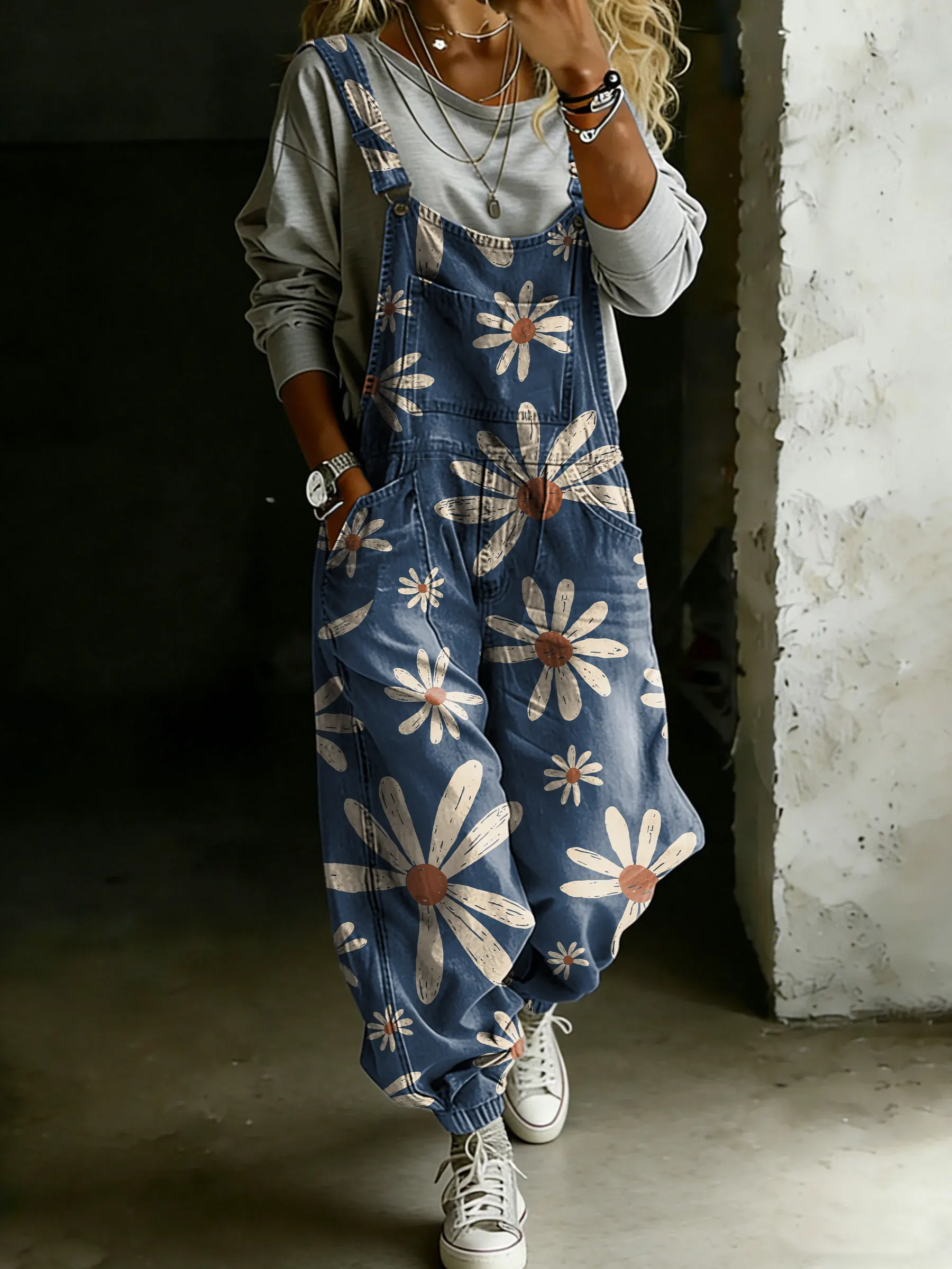 Women’s Vintage Floral Art Print Casual One Piece Denim Jumpsuit