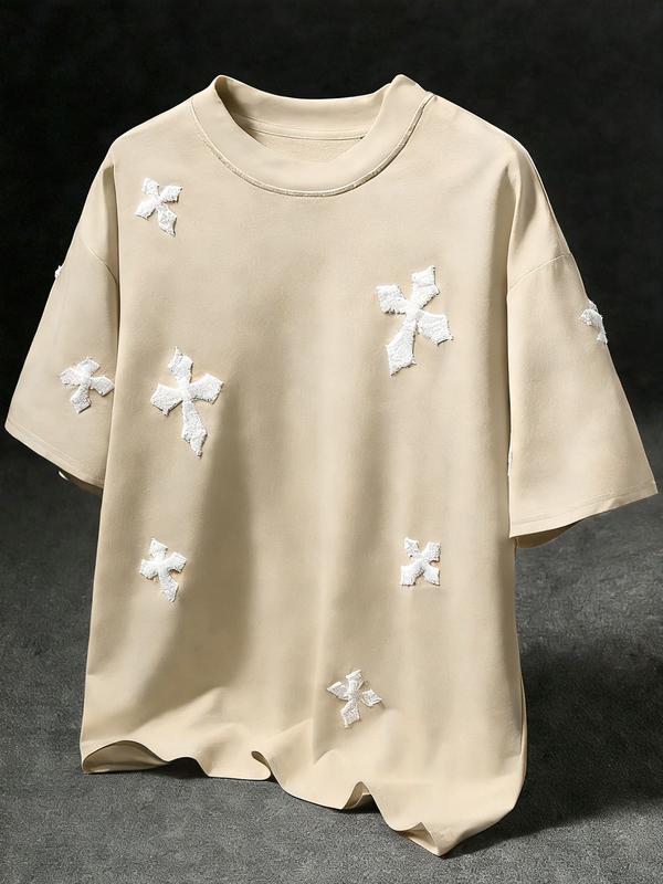 Men's Cross Stitch Embroidered Solid Color Round Neck T-Shirt