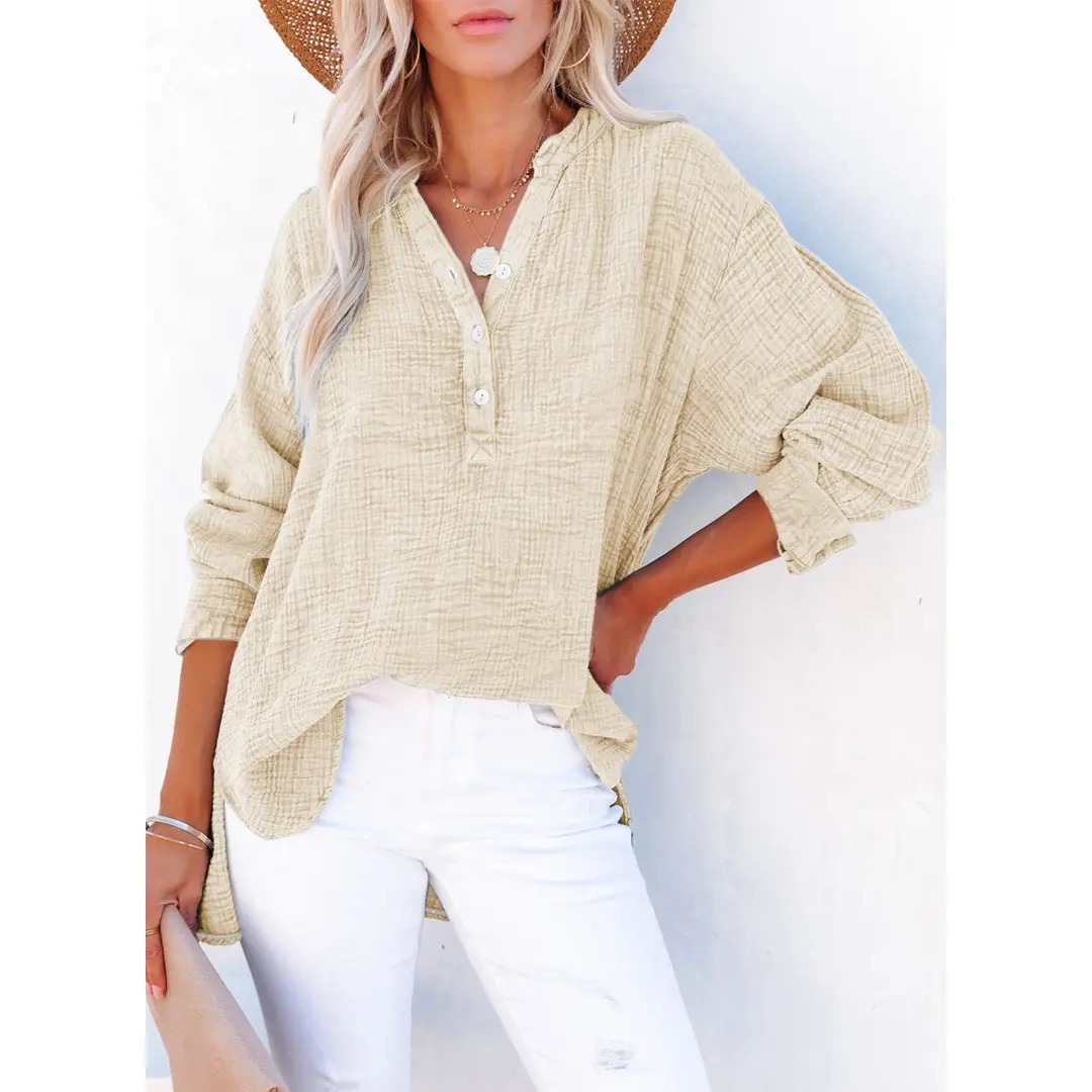 Women's Casual Button V Neck Long Sleeve Shirts Oversized Solid Blouses Tops 100% Cotton