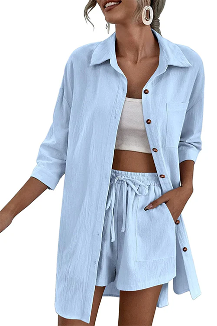 2025 Women's Linen 2-Piece Lounge Set – High-Low Shirt & Drawstring Shorts