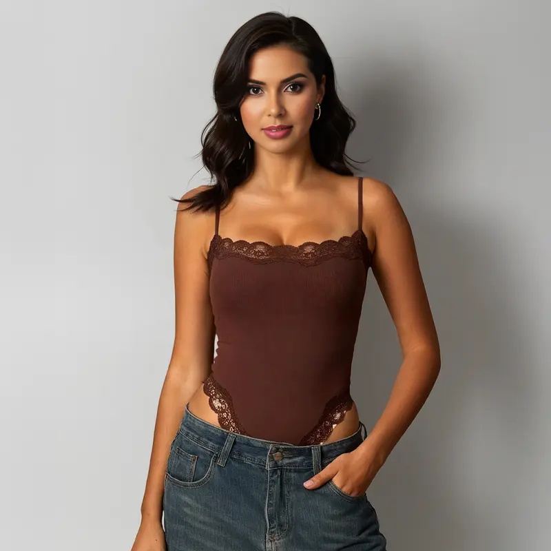 KatchMe Lace Series Women's Simple Style Spaghetti Strap Lace Trim Breathable Bodysuit