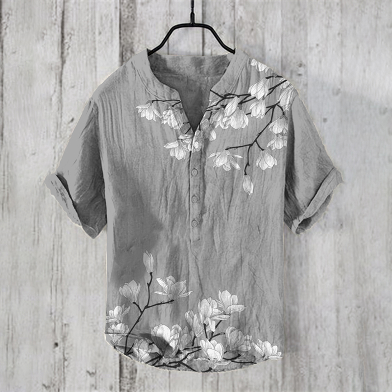 Men's Vintage Japanese Art Magnolia Flower V Neck Casual Linen Blend Shirt
