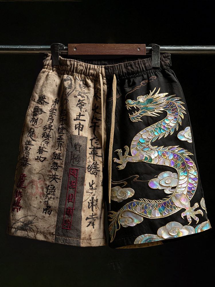 Retro Japanese Calligraphy And Dragon Art Pattern Linen Blend Shorts