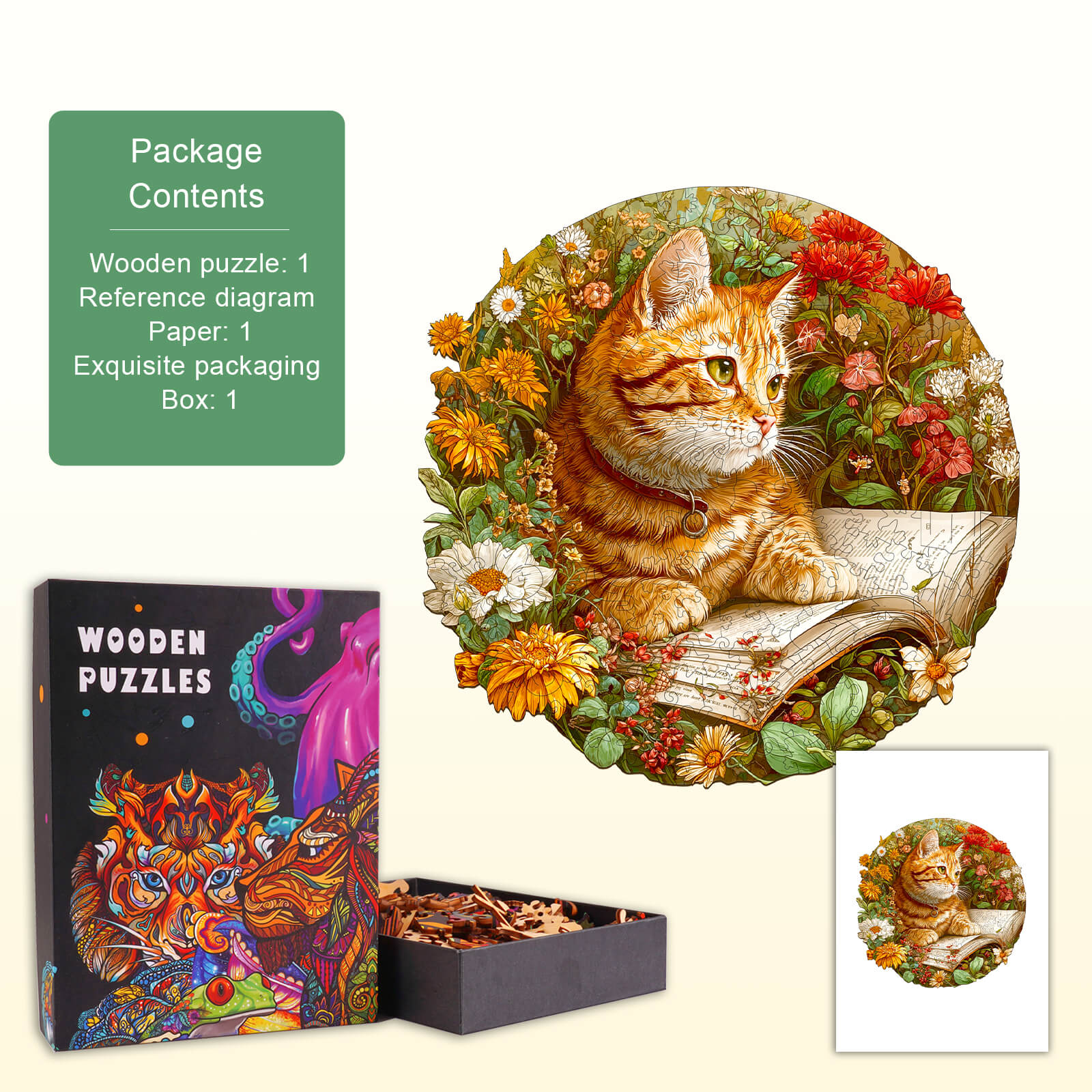 Flower Kitten Reading Wooden Jigsaw Puzzle