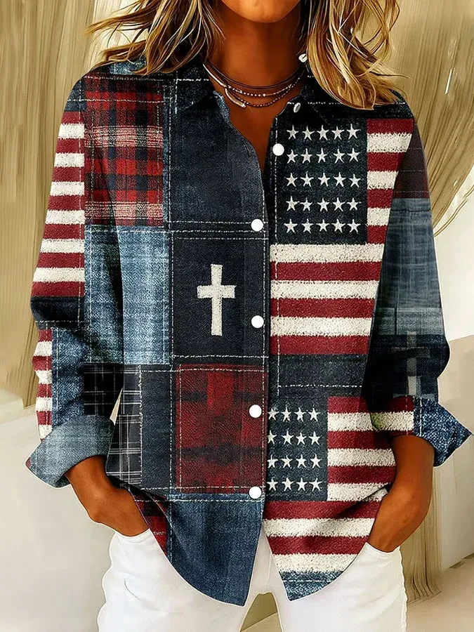 Shirt Collar Regular Sleeve Long Sleeve America Flag Buckle Regular Loose Button Up Shirt Shirt